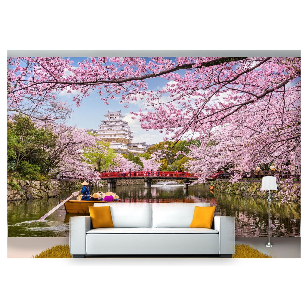 papel de parede Lago Rio Ponte Canoa flor 3D 6m² NLK146