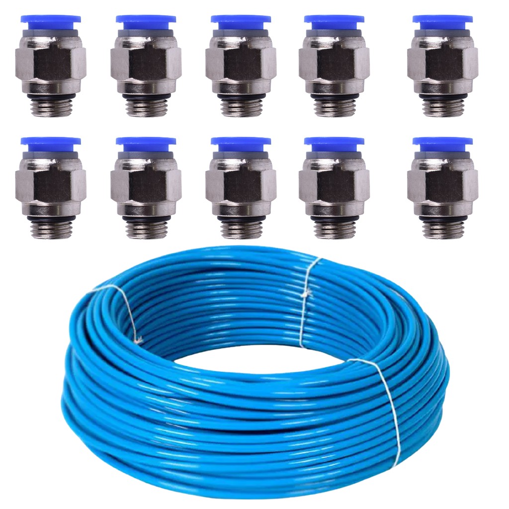 KIT 10 Conexão Pneumática rosca 1/4x8 e 10 Metros Mangueira Pneumática 8 mm Azul