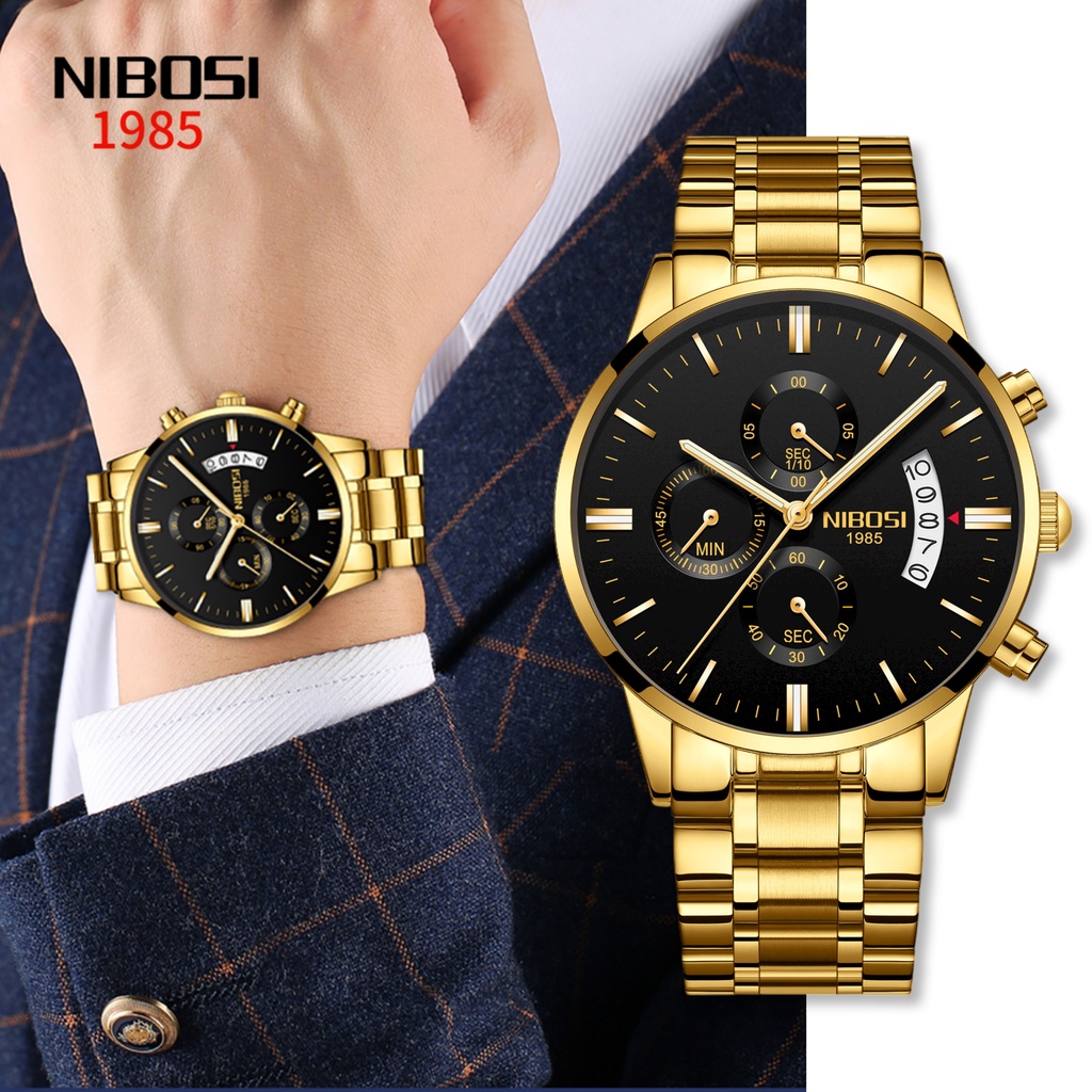 NIBOSI 2309 Men's Watch Original luxury waterproof Quartz sports Gold Men's Watch