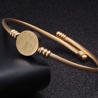 Pulseira de São Bento de Aço Inoxidável Dourada Feminina - Para Proteção - Medalha Sagrada - Bracelete Delicado