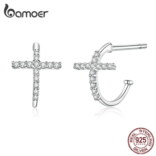 Bamoer Prata Esterlina 925 Brincos De Argola Para As Mulheres Meia Aros Sce755 Cruz Moda Jóias Brincos Declaração De Jóias De Casamento