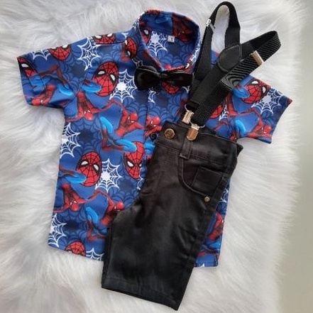 Conjunto Temáticos Homem Aranha Acompanha Camisa, Short, Suspensório+gravata