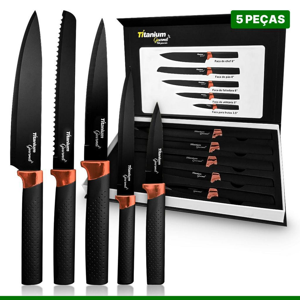 Kit Jogo de Facas de Cozinha Profissional Antiaderente 5 Peças Inox Rosê