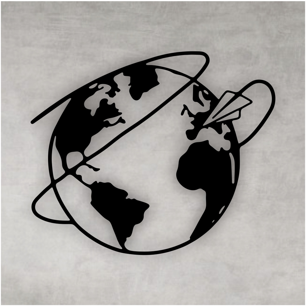 Quadro Decorativo Vazado Globo Mundo Aviãozinho MDF Escultura de Parede MDF Preto