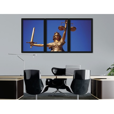 quadro decorativo 3 peças Deusa da Justiça estátua dourada decoração