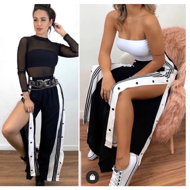 1- Calça Pantalona  2-  Jogger 3- Short Botões Laterais Listras Fenda Viscose Moda Blogueira