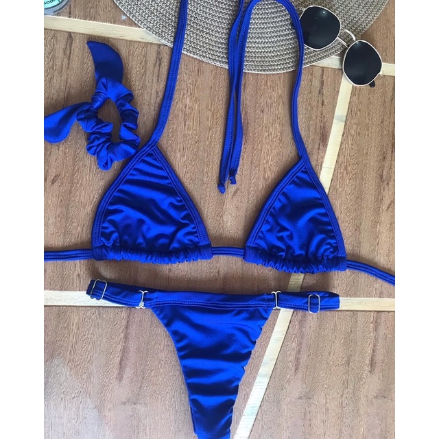 Biqini cortininha marquinha sem bojo com calcinha fio dental com regulagem na calcinha - azul royal