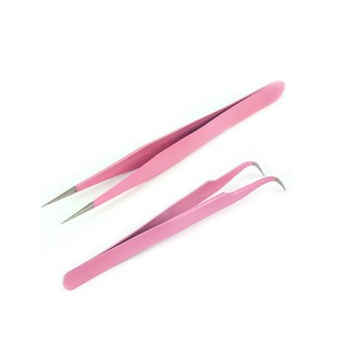 2Pcs Pinça De Unha Cor-De-Rosa Reta E Curva Para Extensões De Cílios