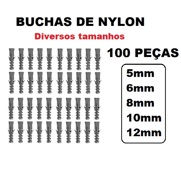 Bucha Nylon para Fixação 5mm 6mm 8mm 10mm 12mm - 100 PEÇAS