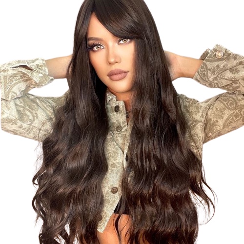 Peruca Ondulada Com Franja Fibra Premium 75cm Preta