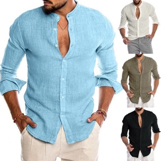 Moda Verão Blusa Masculina De Linho Gola Alta Manga Longa