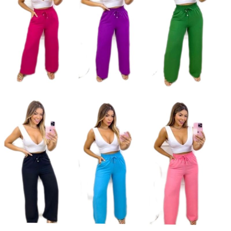 Calça Pantalona com bolsos/Hot/cós alto/Alfaiataria P ao Plus Size/tecido duna/leve/cintura elástica/reta/fim de ano
