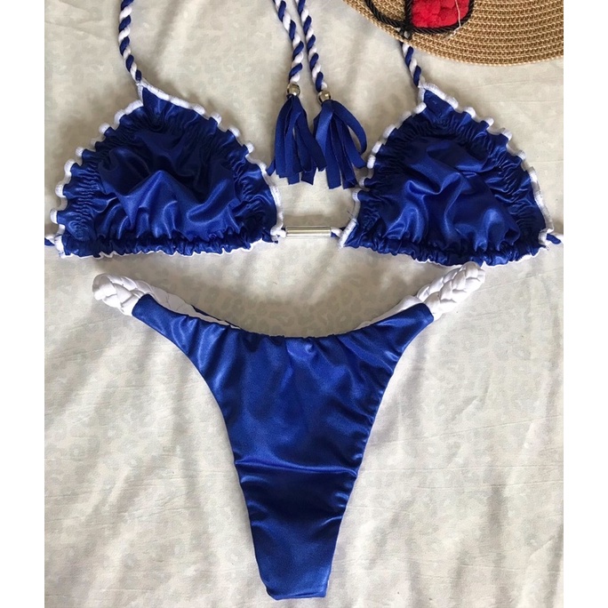 Biquíni  sutiã ripple com calcinha empina bumbum  - todo dupla face - azul com branco - fru-fru nas pontas