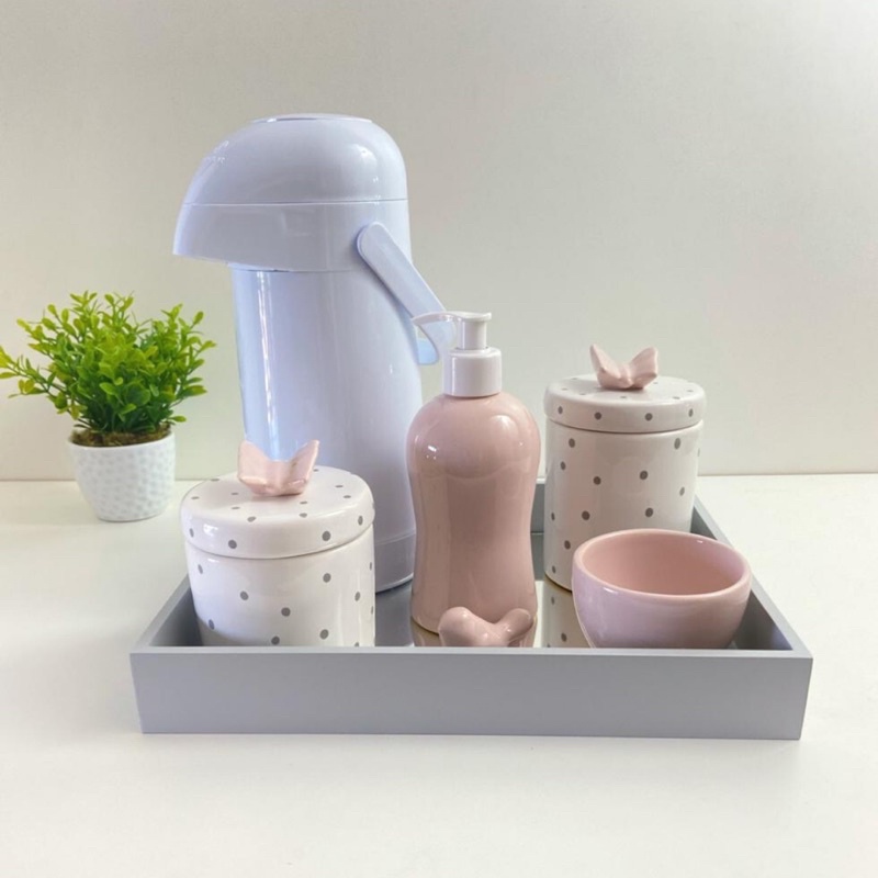 kit higiene bebê rosa e cinza borboleta garrafa térmica