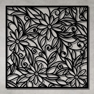 Quadro Decorativo Vazado Painel Florido Flores Floral Escultura de Parede MDF Preto