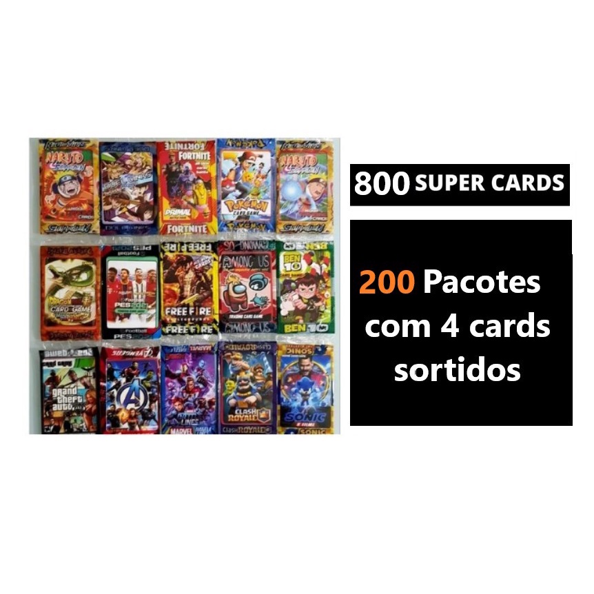 Kit 800 Cards Cartinhas Coleção Pokemon Yugioh Naruto Free Fire Fortnite Roblox Minercraft