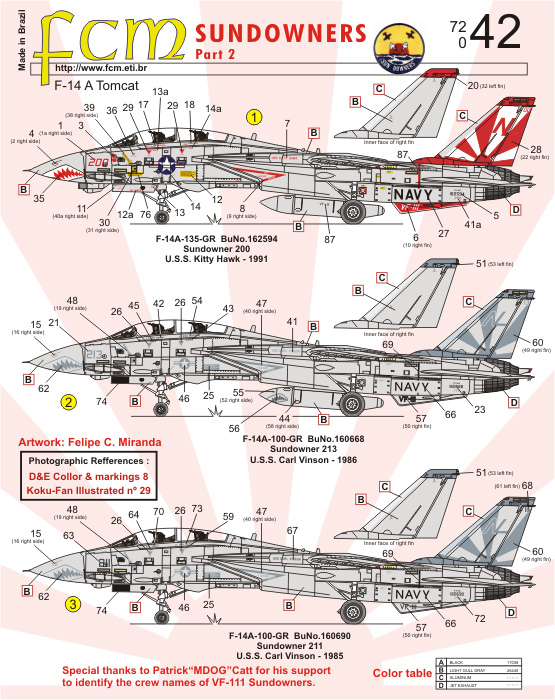 Decalque F-14 Tomcat Sundowners 1/72 FCM 72042 Plastimodelismo - Petrohobby