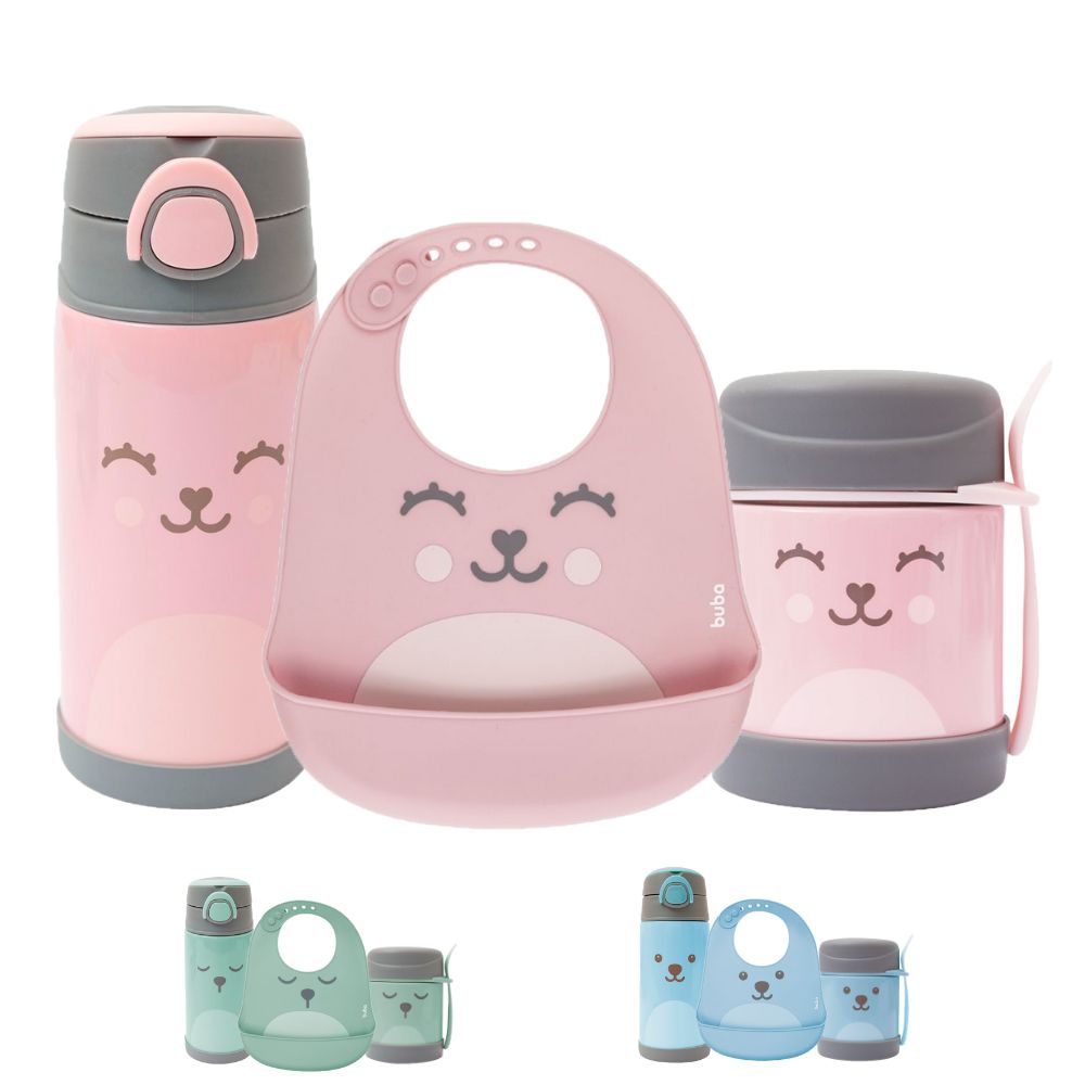 Kit Garrafa Com Canudo Retrátil Para Bebe Transição Pote Térmico e Babador Papinha Com Talher Buba Gumy