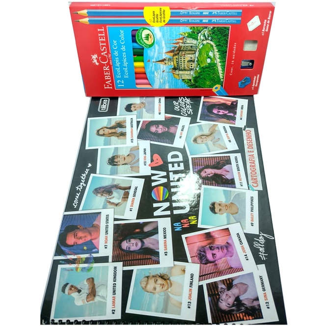 Caderno de Desenho Now United+Lápis de Cor Faber com Kit