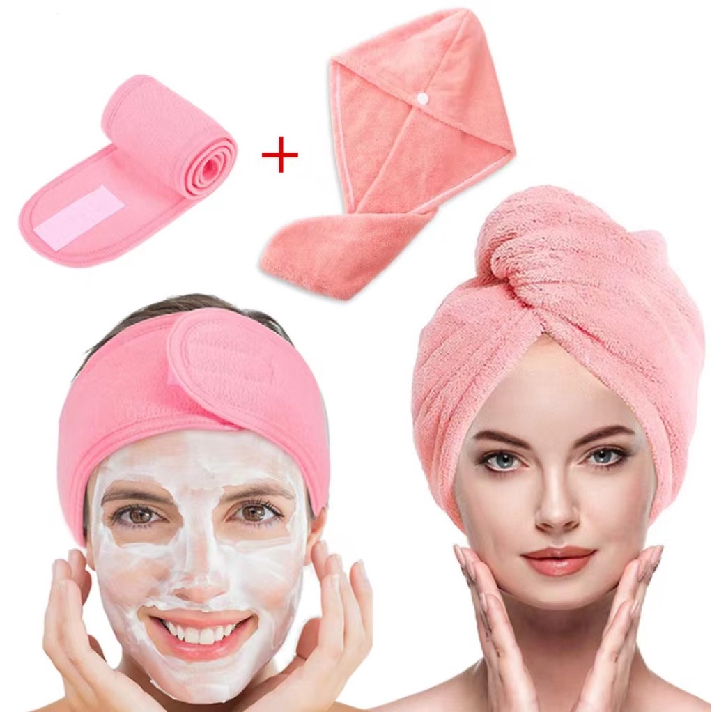 Kit Toalha de cabelo seca ajustável com faixa de cabelo, toalha de maquiagem, faixa de cabelo, touca de banho elástica de spa, tampa de cabelo seco de microfibra
