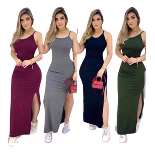 Kit 4 Vestidos Longo Canelado Feminino De Alcinha Com Fendas