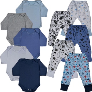 Kit 10 Pçs Body M/Longa Suedine Liso E Mijão Estampado Menino