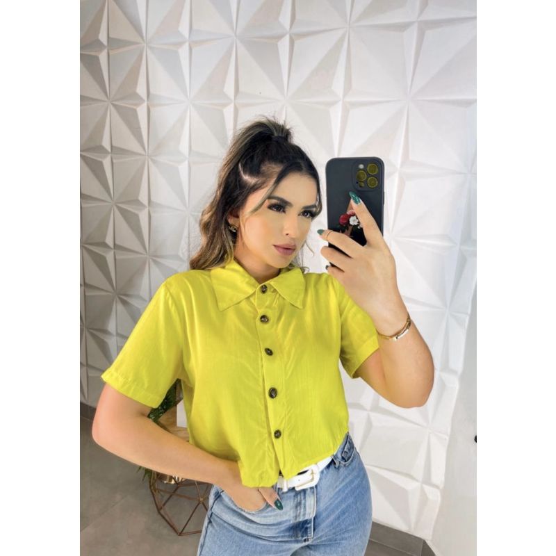 Blusa Feminina Cropped Camisa Social Botões Em Viscolinho verão 2022