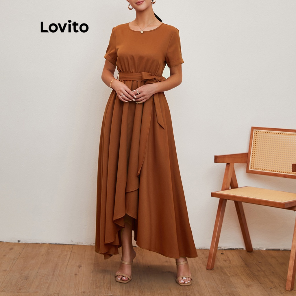 Lovito Vestido De Baile Simples Feminino Com Gola Redonda L20D032 (Brown)