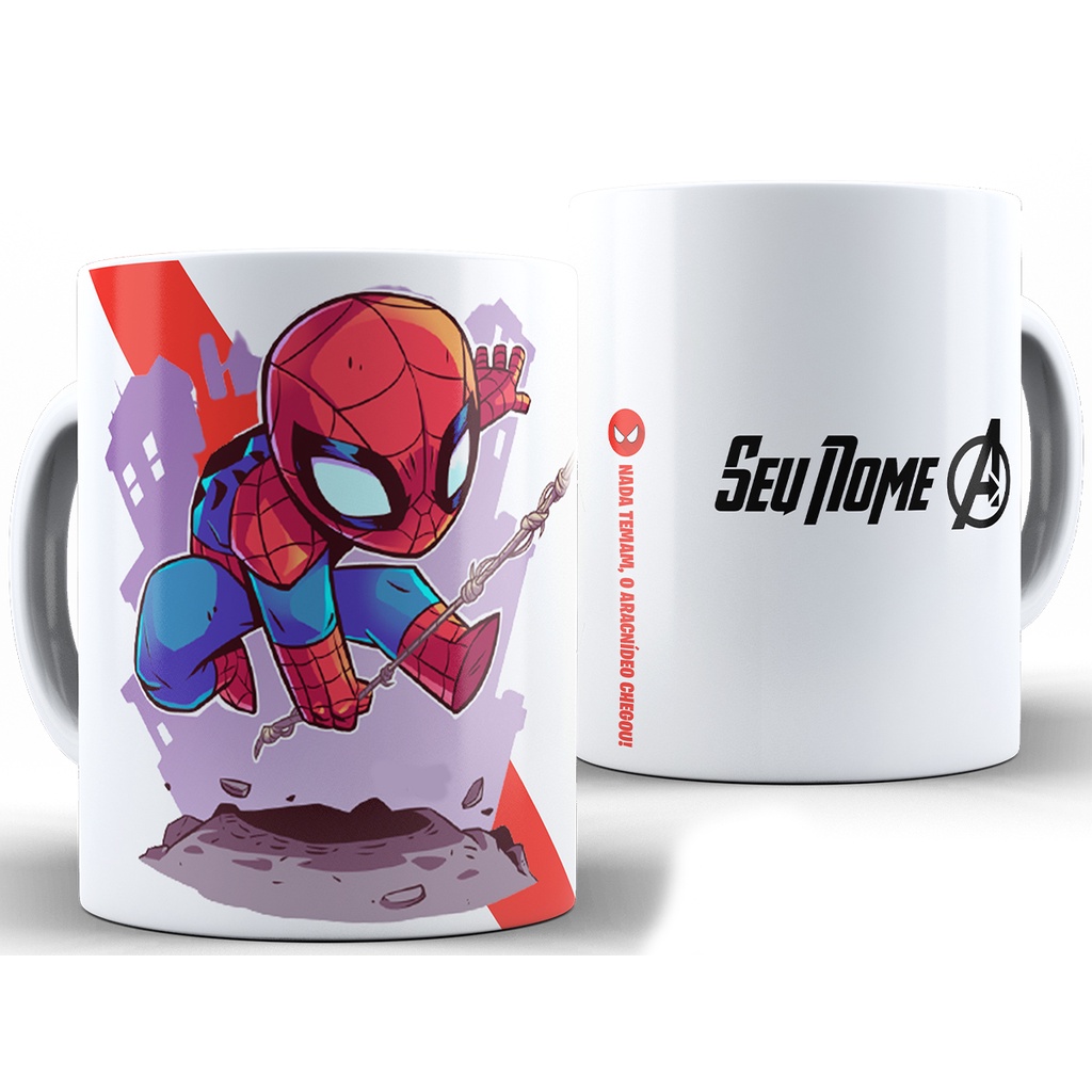 Caneca Homem Aranha Personalizada Com Nome + Caixa - Xícara 325ML Porcelana Super Branca Cerâmica Vingadores Spiderman