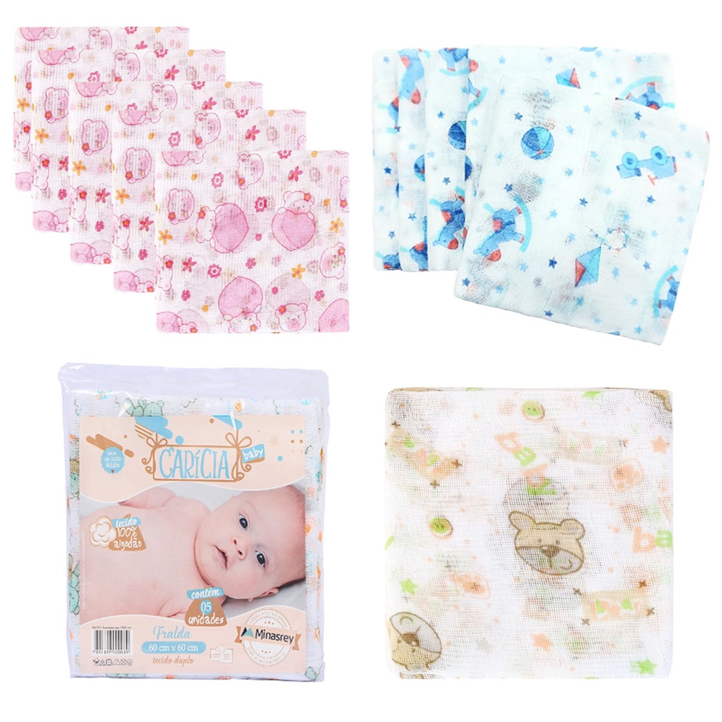 Fralda de Pano Bebe Kit com 5 Unidades 60x60cm 100% algodão Minasrey - Estampada