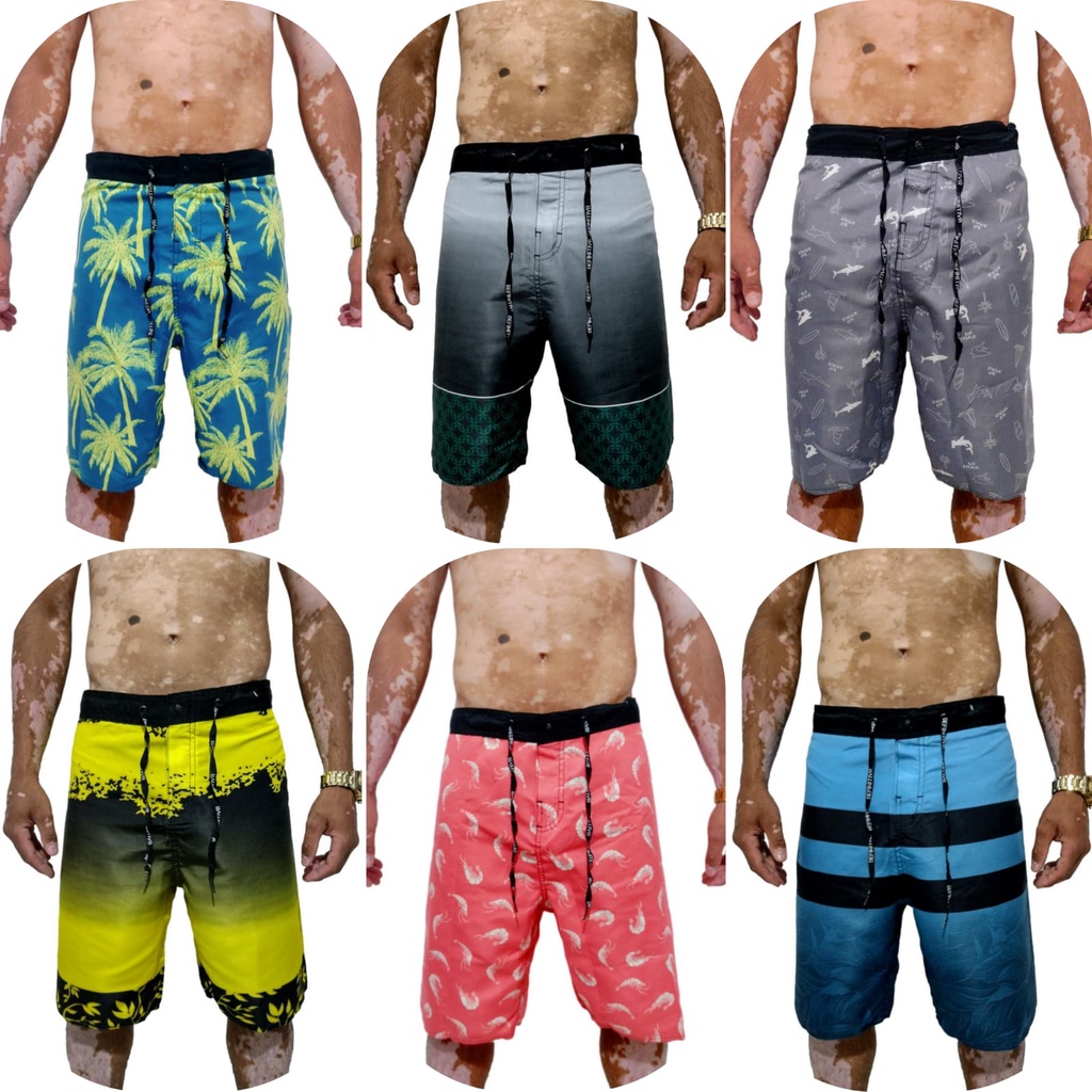 Kit Com 3 Bermudas Surf Elastano Adulto Estampadas Tactel Praia Atividade Física Academia