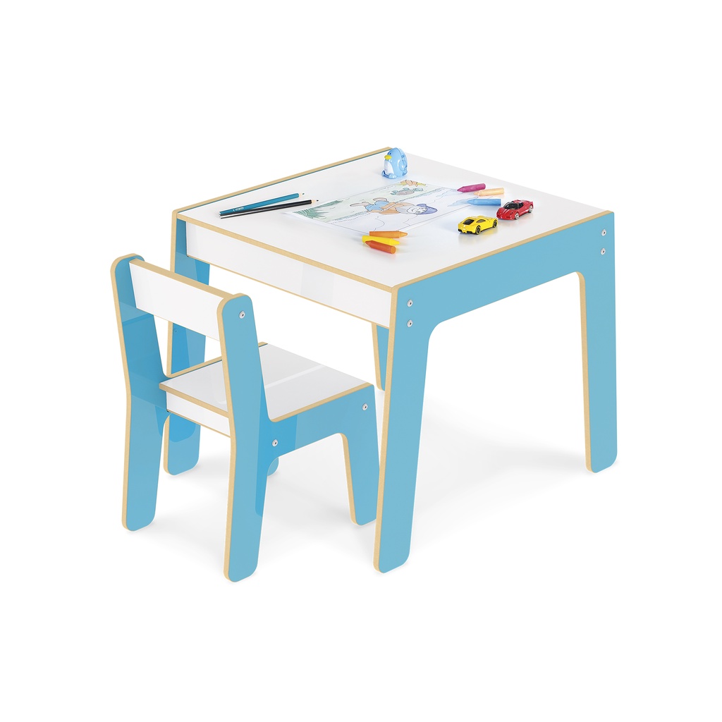 Conjunto Mesa Mesinha E Cadeira Infantil de Madeira Azul Junges