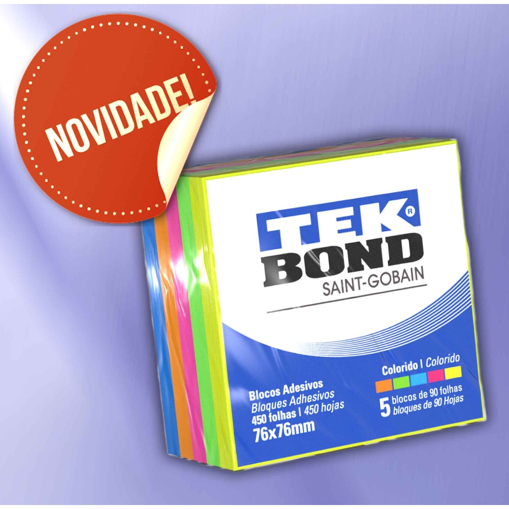 Bloco Adesivo (Post It) 76x76mm - 450 Folhas - 5 Cores Fluorescentes Tek Bond