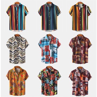 2022 Verão Novo Masculino Havaiano Casual Manga Curta Floral Camisa Listrada Estampada Larga Algodão E Linho Plus Size Lapela Botão Up