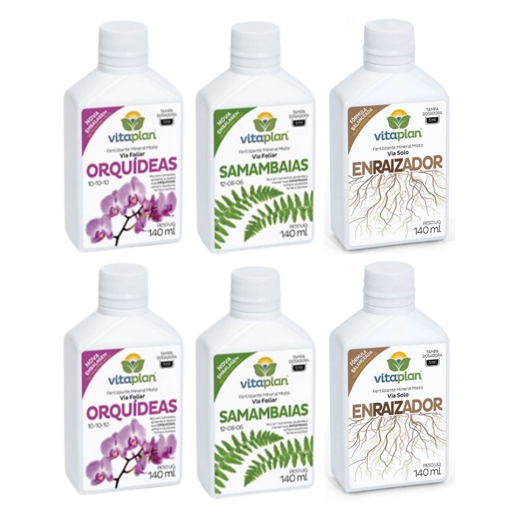 Kit 6 Fertilizantes Mineral Misto Líquido NPK Enraizador  Samambaia e Orquídea Vitaplan 140 ml