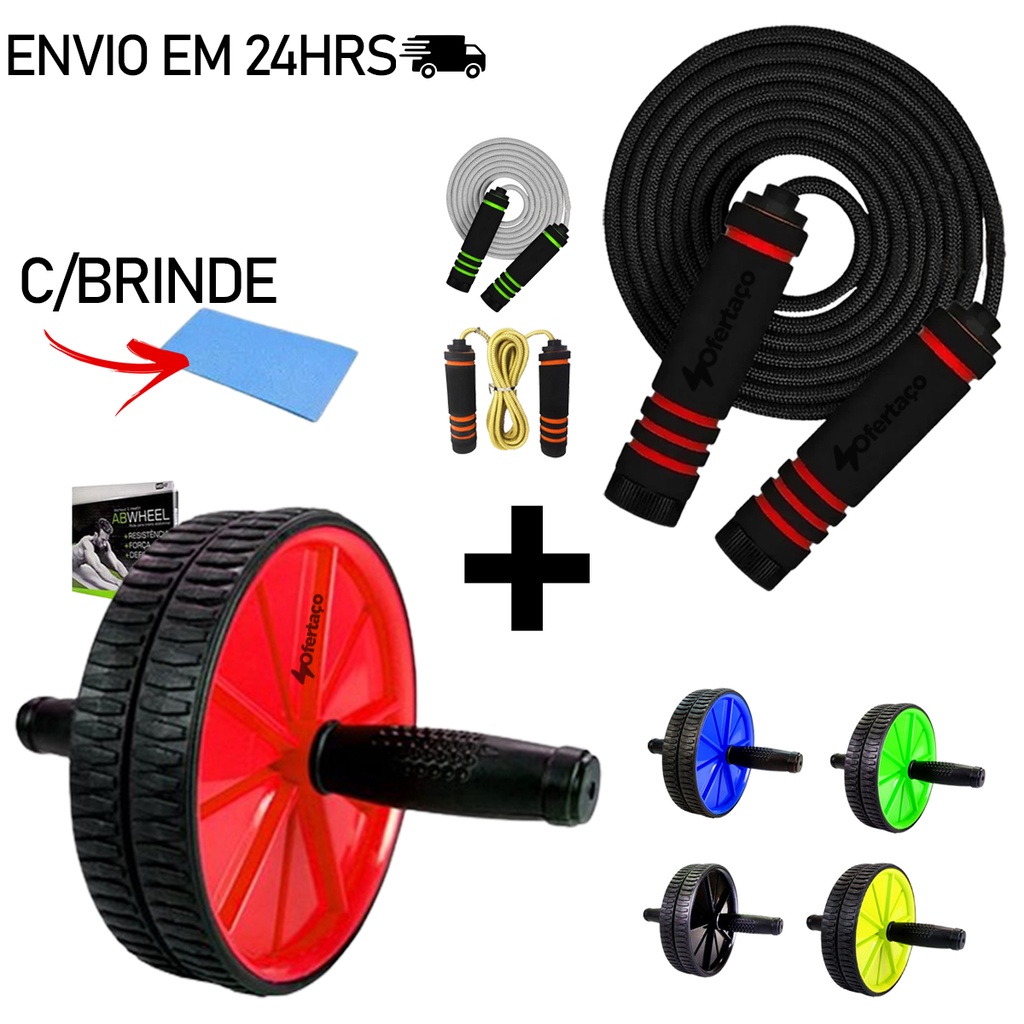 Kit Malhar em Casa Roda Abdominal Dupla Anti-skid + Corda De Pular Profissional Ajustável Brinde Tapete Exercício