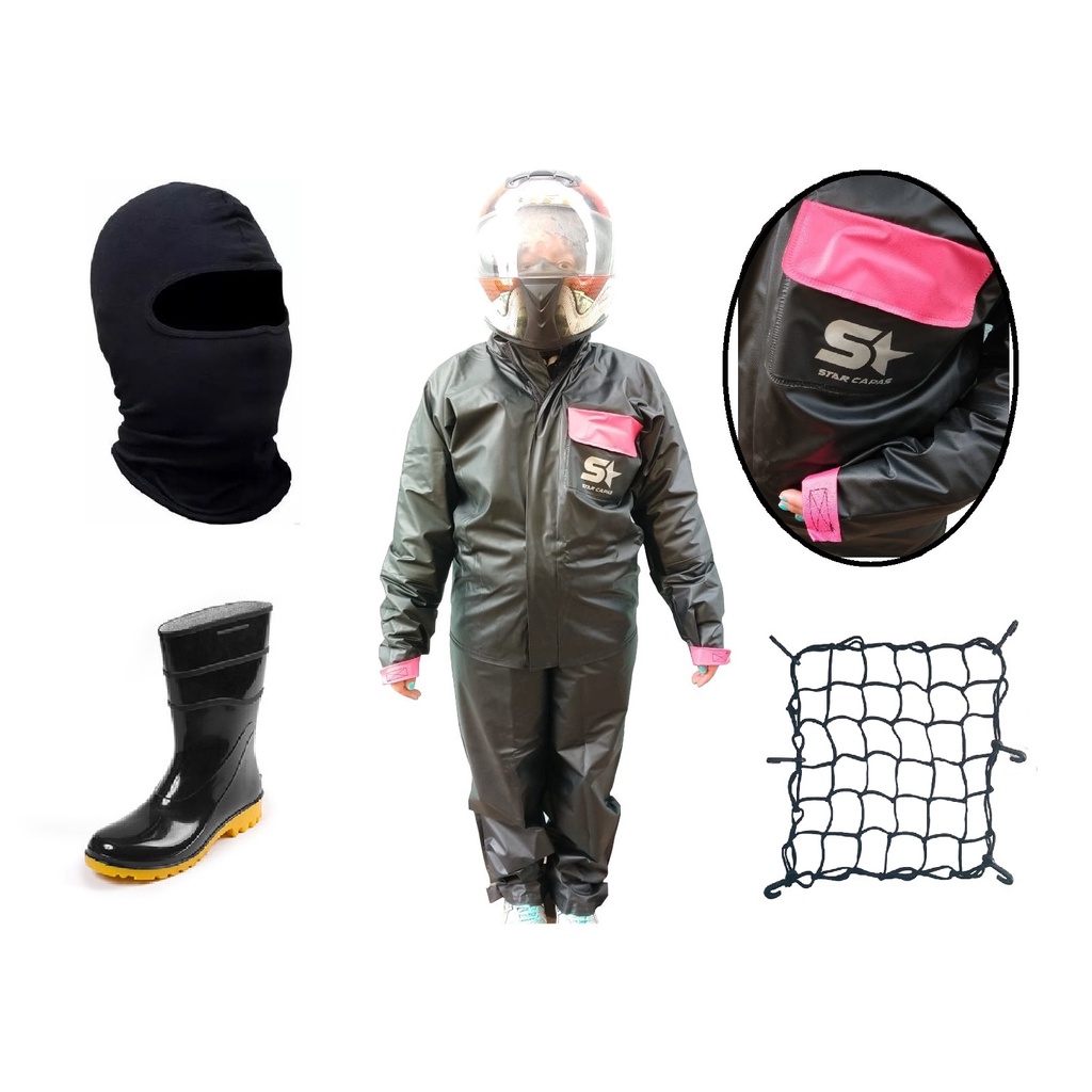 Conjunto Capa De Chuva Impermeável Feminina Pvc Com Bolso - Moto / Motoqueiro + Touca + Bota + Rede