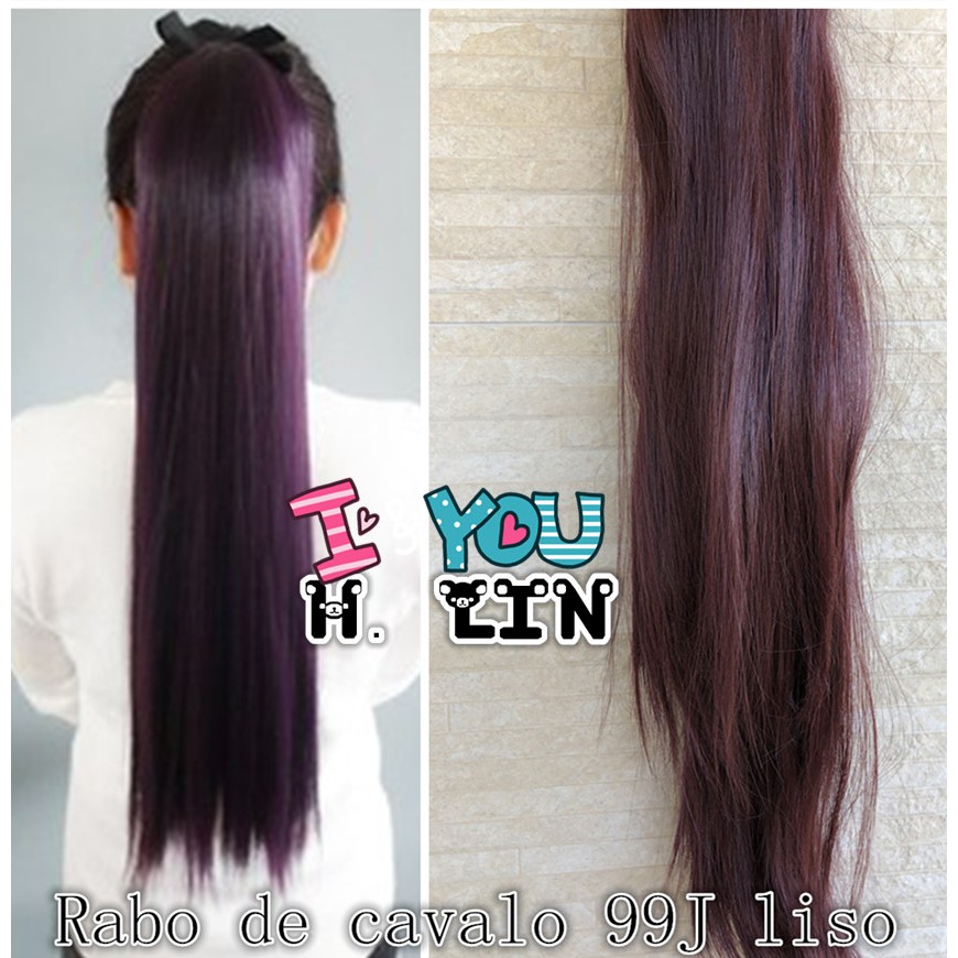 Rabo de cavalo cor 99j castanho escuro avermelhado 75cm 250gramas fibra organico vermelho vinho escuro liso promocao Piranha presilhas