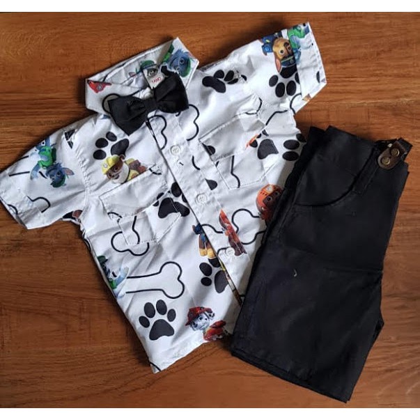 Conjunto Infantil Menino Masculino - Patrulha Canina Ossinho - Bermuda com Suspensório + Camisa Temática + Gravata