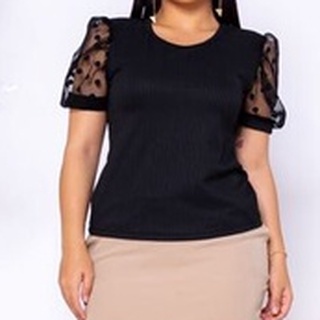 Blusa Feminina Canelada Com Mangas Bufante Tule Princesa Bolinha Blusinha