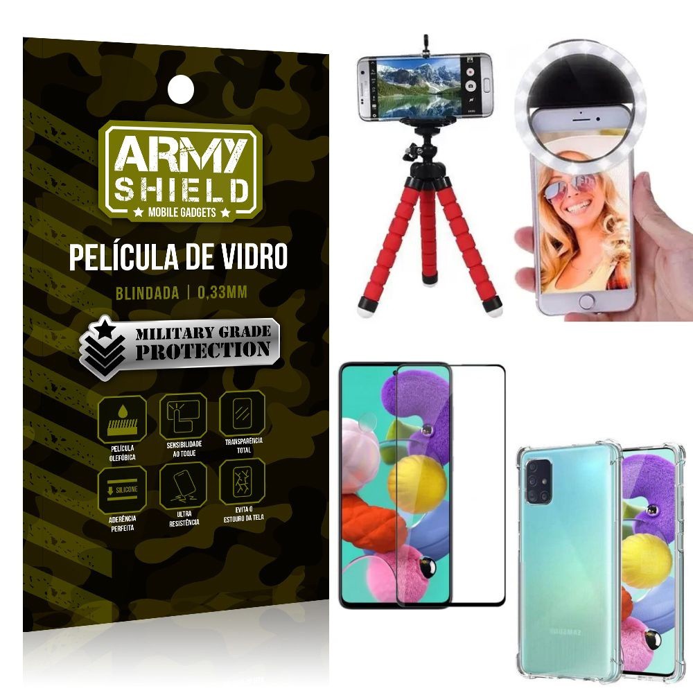 Kit Mini Tripé + Selfie Ring Light Galaxy A51 + Capa Anti Impacto + Película Vidro 3D