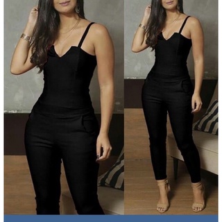 Macacão longo com bojo bengaline casual chique moda feminina