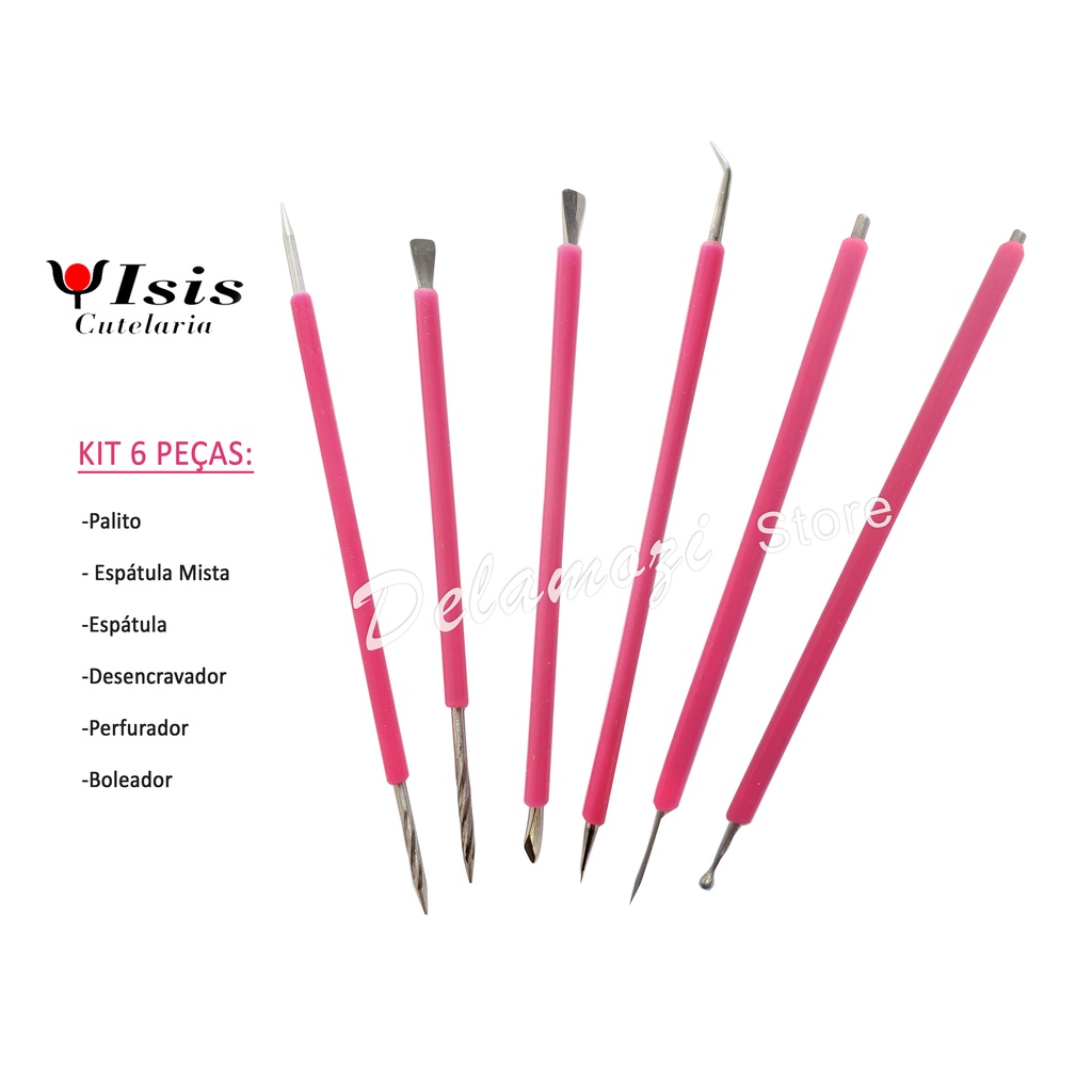 Isis Cutelaria kit cor Rosa 6 Peças Palito Mista Espátula Desencravador Boleador e Perfurador