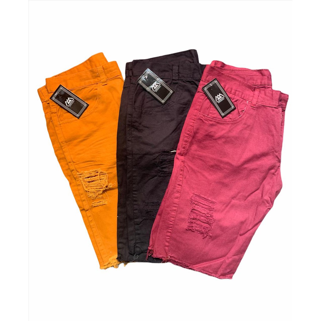 bermuda jeans masculinas rasgada kit com 3 caramelo preta e vermelha