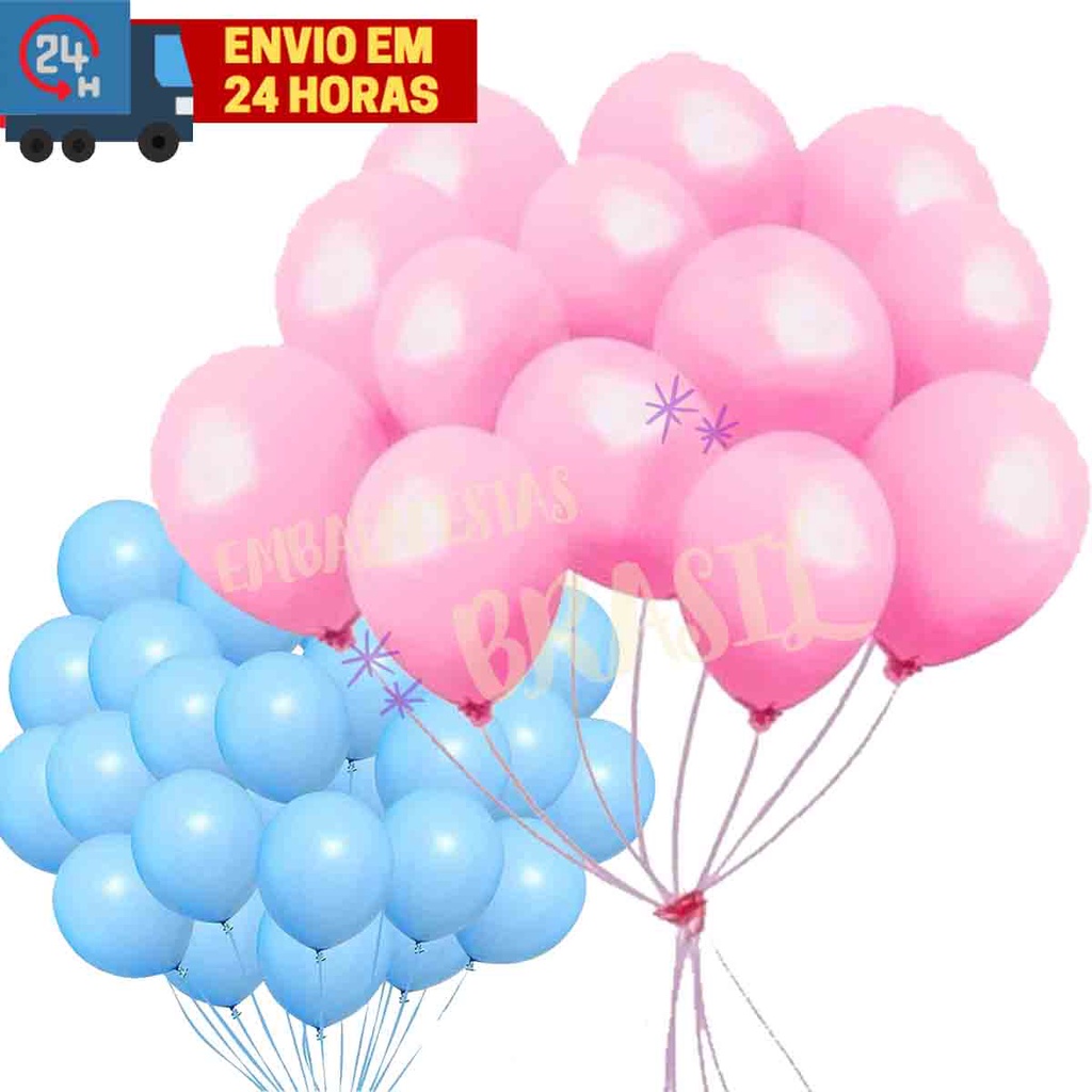 KIT 100 Unidades Balão Bexiga Rosa e Azul Latex Lisa Para Decoração Festa Eventos Aniversario