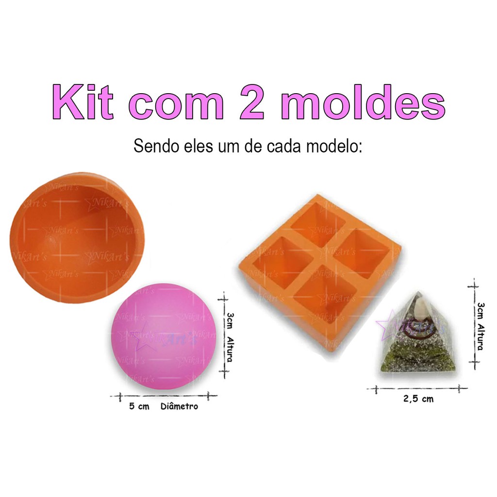 Kit com 2 Moldes, Formas de SIlicone, para Orgonites, Sabonetes (1 Molde Mod. PIRÂMIDE P 4 cav, 1 Molde Mod. MEIA ESFERA)