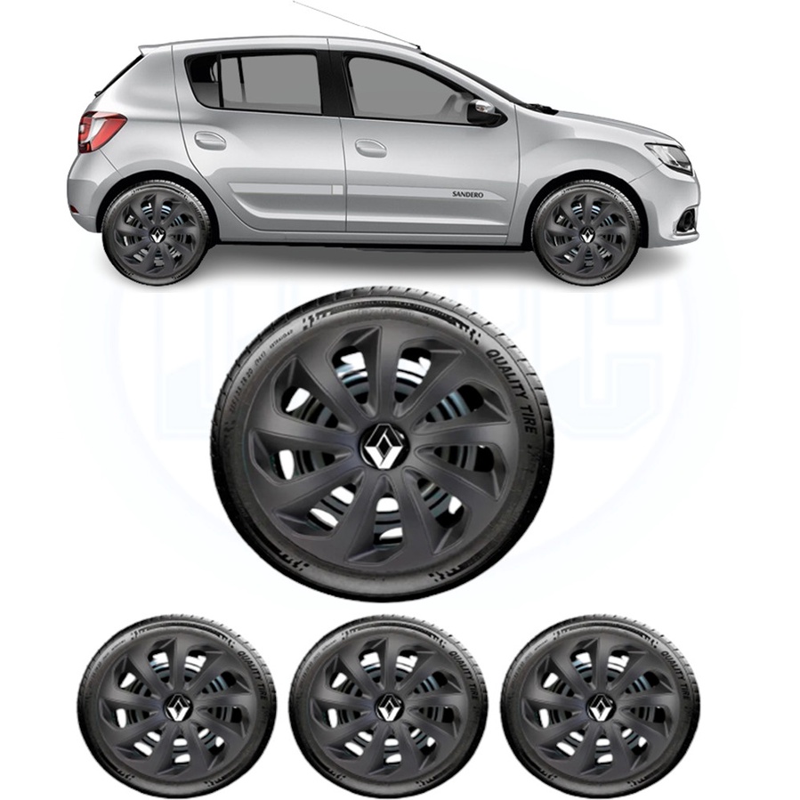 Jogo 4 Calota Velox Preto Fosco Aro 14 Renault Clio Sandero Logan Symbol Megane