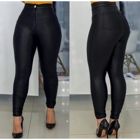 Calça Legging Disco Cintura Alta Cirre Couro Fake Bolsos Skinny Moda Feminina