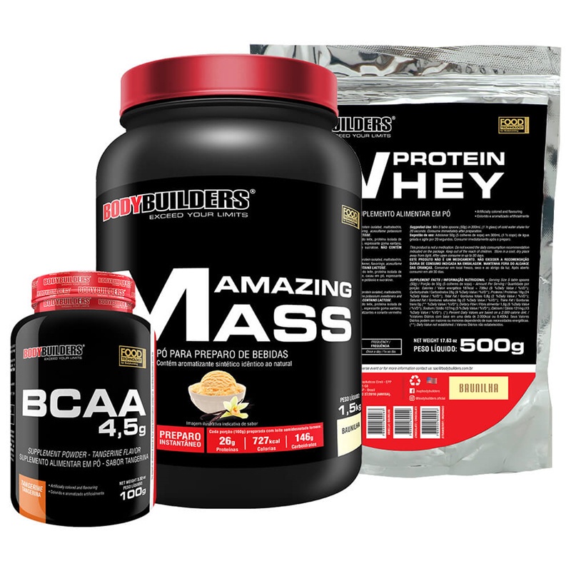 Kit Hiper Amazing Mass 1,5 kg + Whey Protein Concentrado em Blend Proteico 500g + BCAA 4.5 100g - Kit Para Ganho de massa muscular - Bodybuilders
