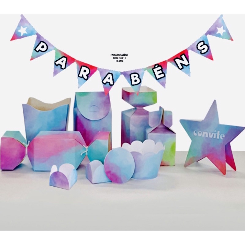 kit festa completo Tie Dye forminhas painel convite cx milk